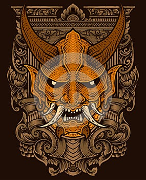 illustration oni mask with engraving ornament