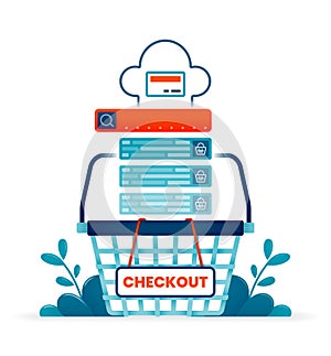 Illustration of online shop basket or cart with checkout label or sign hanging for payment process. Can be used for posters,