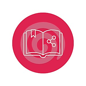 Illustration of an open book with a bookmark and a share icon on a pink circle, symbolizing knowledge sharing and collaborative