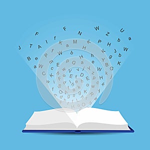 Illustration of an open book radiates light and randomly placed letters