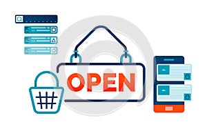 illustration of OPEN SIGN with hanger and shopping basket for offline and online shops. Design can be used for landing page,