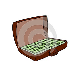 Illustration of an open suitcase full of green notebancks
