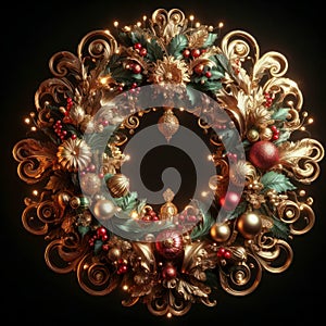 illustration of opulent and ornate christmas wreath on black