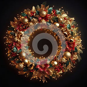 illustration of opulent and ornate christmas wreath on black