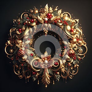 illustration of opulent and ornate christmas wreath on black