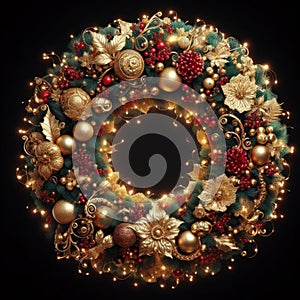 illustration of opulent and ornate christmas wreath on black