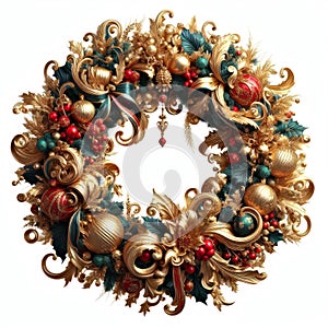 illustration of opulent and ornate christmas wreath on white