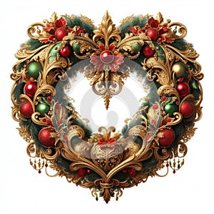 illustration of opulent and ornate christmas wreath on white