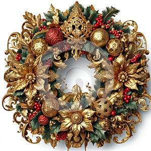 illustration of opulent and ornate christmas wreath on white