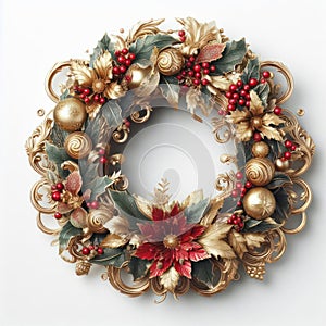 illustration of opulent and ornate christmas wreath on white