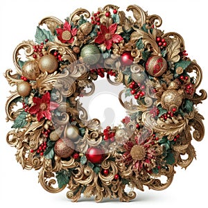 illustration of opulent and ornate christmas wreath on white