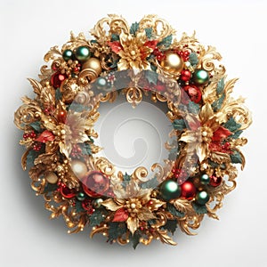 illustration of opulent and ornate christmas wreath on white