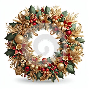 illustration of opulent and ornate christmas wreath on white