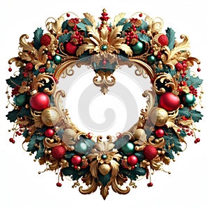 illustration of opulent and ornate christmas wreath on white