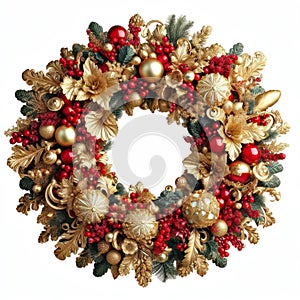 illustration of opulent and ornate christmas wreath on white