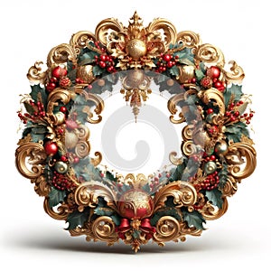 illustration of opulent and ornate christmas wreath on white