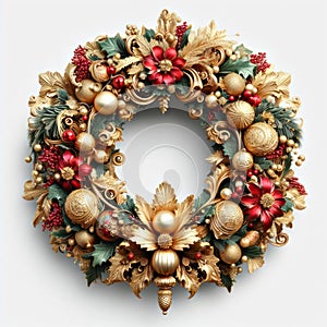 illustration of opulent and ornate christmas wreath on white