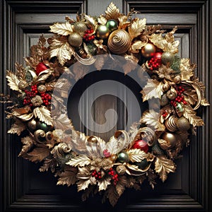 illustration of opulent and ornate christmas wreath on a wooden door