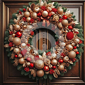 illustration of opulent and ornate christmas wreath on a wooden door