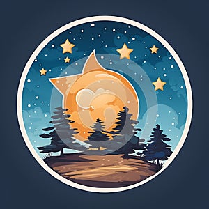 an illustration of an orange cat in the night sky with trees and stars