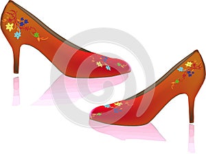 Illustration of orange high heels with flowers on it on an isolated background
