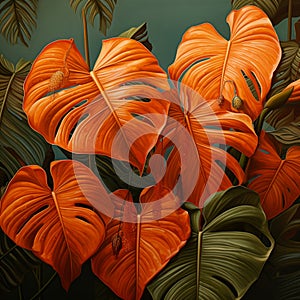 illustration of orange monstera leaves