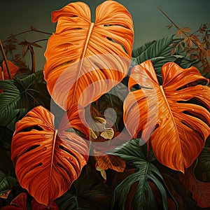 illustration of orange monstera leaves