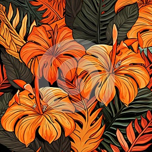 illustration of orange monstera leaves and hibiscus flowers