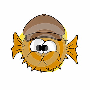 Illustration of Orange Puffer Fish Wear Hat Cartoon, Cute Funny Character, Flat Design