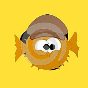 Illustration of Orange Puffer Fish Wear Hat Cartoon, Cute Funny Character, Flat Design