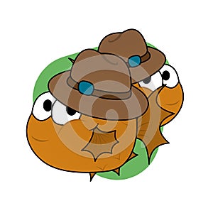 Illustration of Orange Puffer Fish Wearing a Brown Hat Cartoon, Cute Funny Character, Flat Design