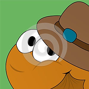 Illustration of Orange Puffer Fish Wearing a Brown Hat Cartoon, Cute Funny Character, Flat Design