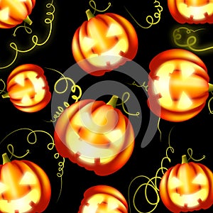 Illustration of orange pumpkins for Halloween on a black background.
