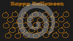 An illustration  of an orange sign with a text "Happy Halloween" with silhouettes of  pumpkins on a black background