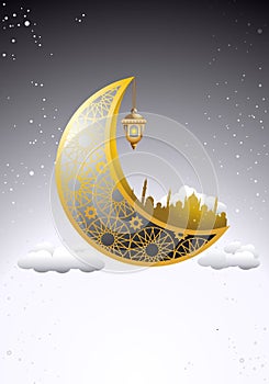 Illustration of ornamental mosque in golden crescent moon