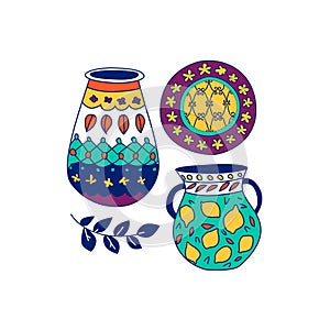 Illustration of ornamented jugs and dishes.