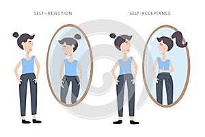 Illustration os self rejection and self acceptance. Young woman watching at her reflection in the mirror photo