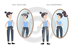 Illustration os self rejection and self acceptance. Young woman watching at her reflection in the mirror