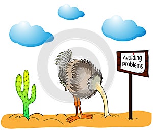 ostrich head in the sand with an inscription on a banner avoiding problems. Cartoon funny photo