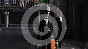Illustration of an out of focus gray alien wearing a tuxedo walking a dark street in the foreground with a bald man