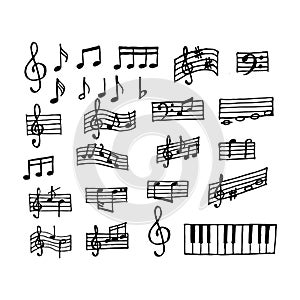 illustration, outline doodles, musical notes and signs, music industry