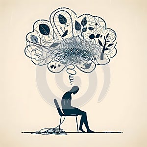 Illustration of overthinking problem, mental problems.
