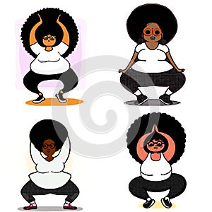 Illustration of overweight african women doing yoga