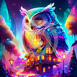 Illustration of an owl on a background of a haunted house. AI generated