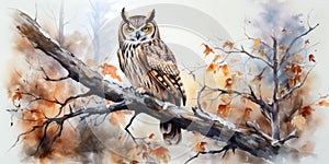 Illustration of an owl close-up in watercolor technique. Generative AI