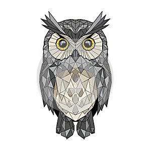 Of an owl created using low poly art style. It features a geometric