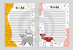 Illustration page with lines. To-do list with animal lemur, asterisk, heart, doodle, color background, page with lines of to-do