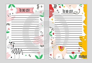 Illustration page with lines. To-do list with zebra, flowers, stars, doodle, color background, page with lines to-do list with