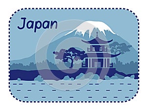 Illustration with pagoda and Mount Fuji in Japan