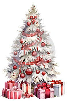 Illustration of painted Christmas tree with red baubles, chains, bows around, gifts white, isolated background. Xmas tree as a